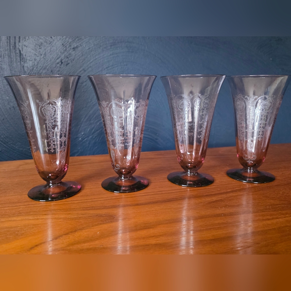 Rare Fostoria  Vernon Lavender / Orchid 6 inch Iced Tea Glass Goblet VHTF Set/4